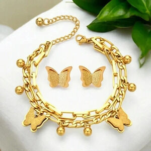 🆕️Elegant 18K Gold Plated Stainless Steel Butterfly Bracelet & Earrings Set 🦋